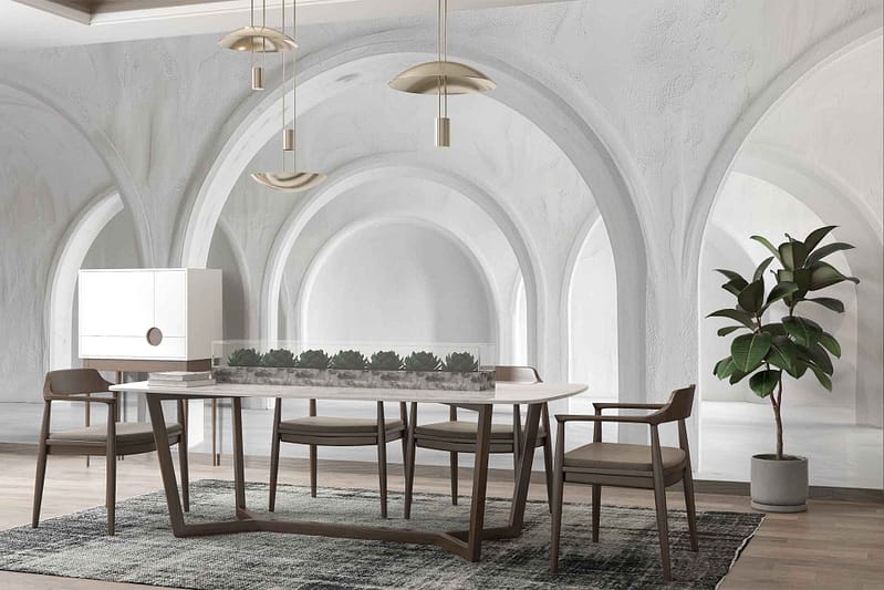 The wallpaper features playful peacocks adorned in vibrant blues and greens. It includes white arches creating symmetry and depth, with soft shadows adding dimension to the scene.