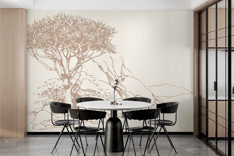 A large, minimalist tree mural in neutral tones, featuring elements such as branches and leaves in shades of beige, taupe, and soft grey.