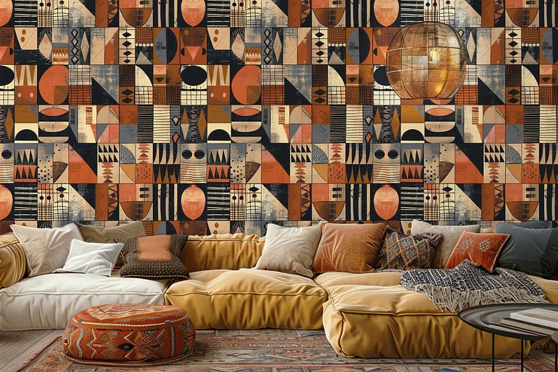 The wallpaper in the living room is a vibrant, abstract geometric mural. It features a dynamic interplay of shapes and patterns in earthy tones. Rich terracottas, warm ochres, and deep siennas are interspersed with pops of muted greens and soothing blues. The geometric elements create a sense of movement and depth, adding an artistic flair to the space while harmonizing with the natural color palette.