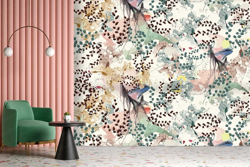 Abstract wallpaper with pastel geometric shapes and botanical elements. Features soft hues like light pink, mint green, lavender, and beige. Botanical motifs include simplified leaves and floral patterns reminiscent of the Amalfi Coast.