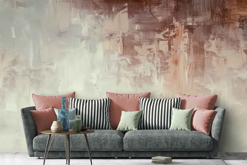 Abstract wallpaper, earthy-tones, textured brushstrokes, shades of brown, muted greens, soft beiges, hints of terracotta.