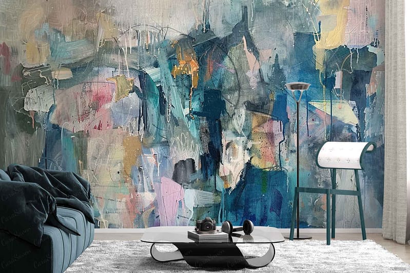 The wallpaper is a large abstract painting featuring blue, pink, and beige tones.