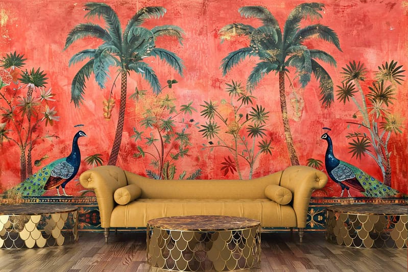Red and orange tropical mural, palm trees, peacocks at dusk, exotic ambiance.