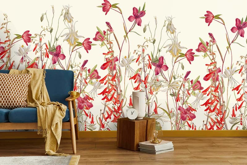 Vibrant floral wallpaper; pink, red, and white flowers.