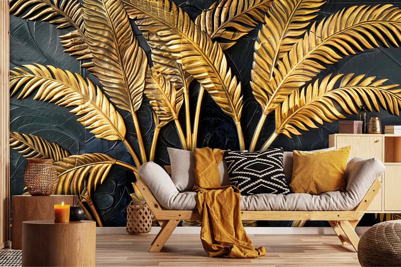 The wallpaper in this modern living room is a striking black, creating a bold backdrop that makes other elements pop. Large golden palm leaf motifs adorn the wallpaper, adding an elegant and tropical flair with their luxurious gold tones. The combination of deep black and shimmering gold brings a sophisticated yet vibrant feel to the space.