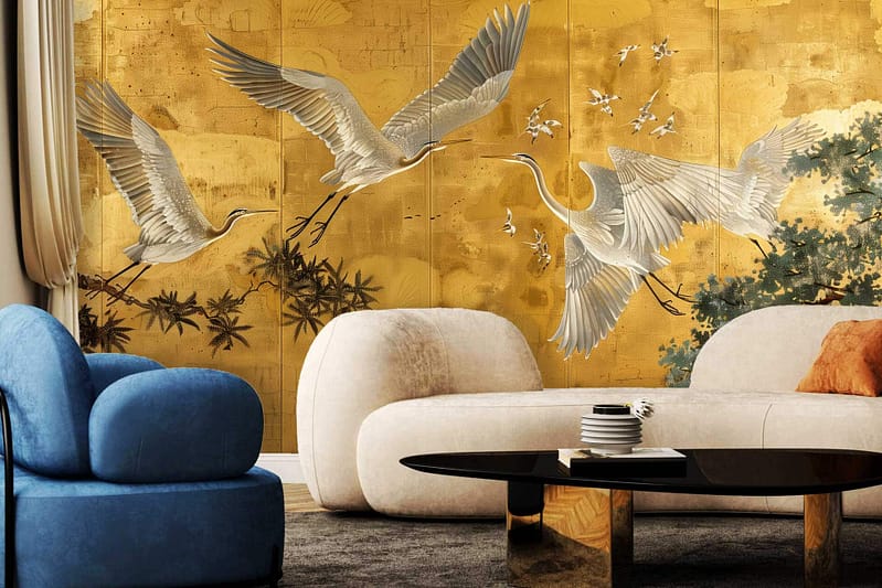 The living room wallpaper features flying cranes against a golden background with bamboo accents. The mural presents a luxurious and classic motif with elegant birds in flight, gold hues, and natural bamboo elements, evoking a James Bond setting.
