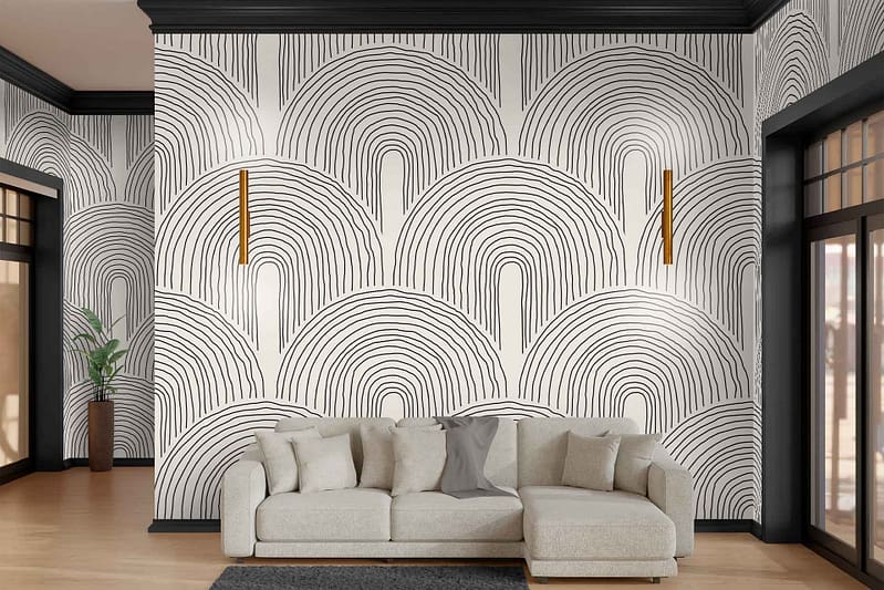 The wallpaper features black and white abstract arches, creating a striking and modern visual element.