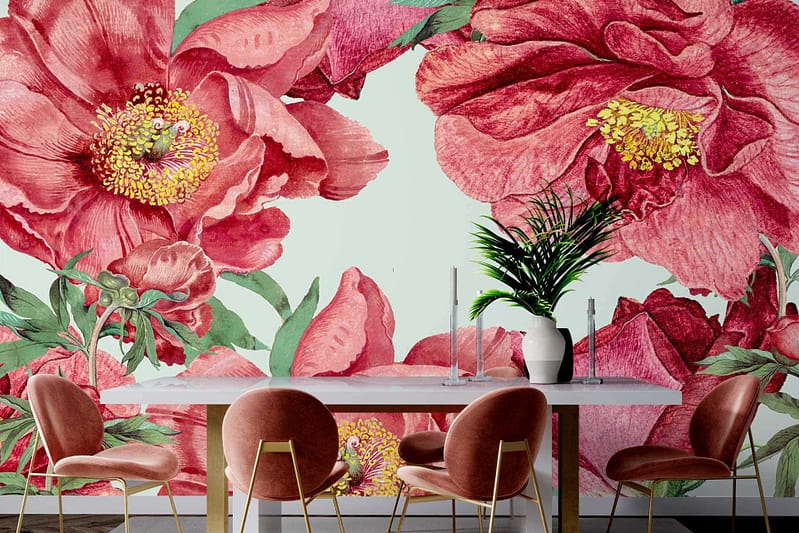 The wallpaper is a vibrant display of large pink and red peony flowers, creating a bold and lively atmosphere with its dynamic floral patterns.