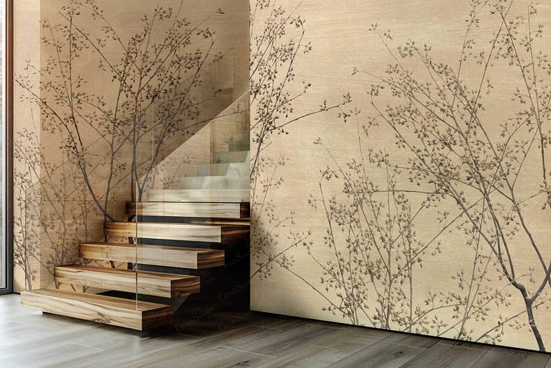 The wallpaper features a nature-inspired design with delicate tree branches and tiny blossoms. The colors include soft greens and gentle whites, creating a serene and elegant atmosphere reminiscent of the Amalfi Coast.