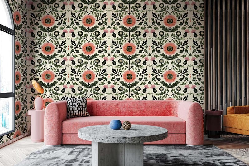 Vibrant floral patterned wallpaper with pink and orange flowers.