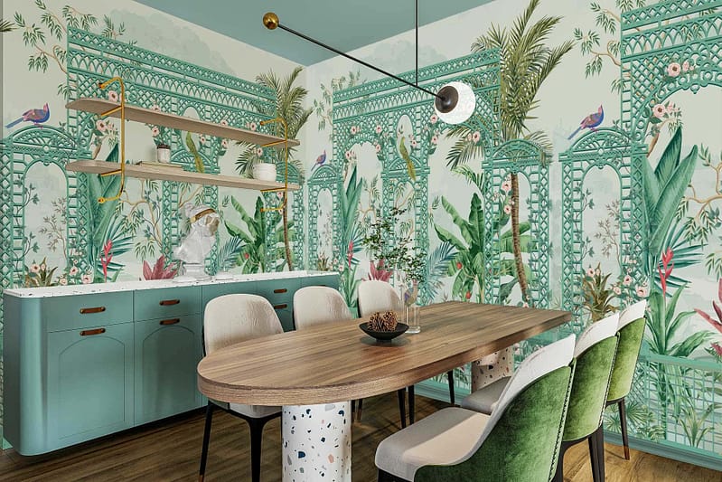 Tropical-themed wallpaper featuring birds, plants, intricate green trellis designs in shades of green and beige.