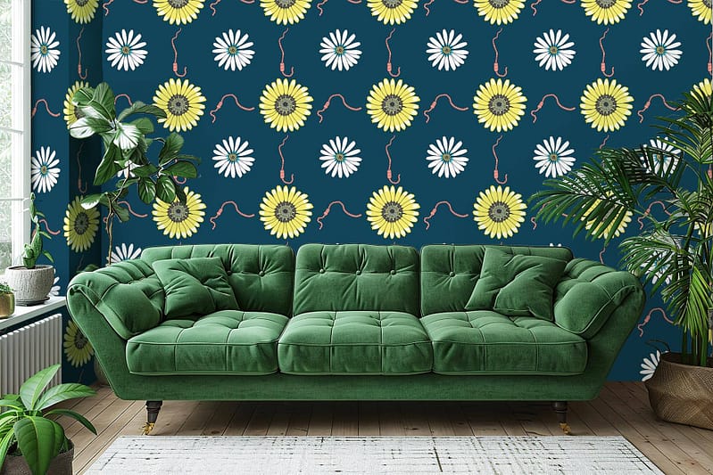 A stylish living room features a bold dark blue wallpaper adorned with a pattern of yellow and white daisy-like flowers.