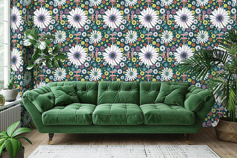 A striking floral wallpaper features a bold pattern of large white daisies, smaller colorful flowers in vibrant hues, and whimsical mushrooms. The rich dark background enhances the bright elements.