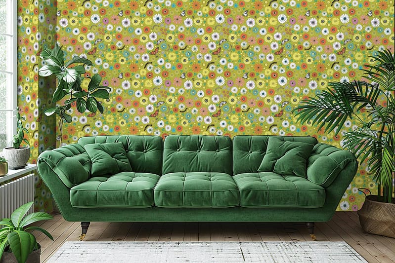 Floral-patterned wallpaper: vibrant with colorful daisies, featuring shades of yellow, white, pink, and light blue flowers. Green leaves and stems add a natural touch.