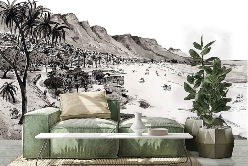 The wallpaper features a black-and-white mural of a scenic coastal town, including mountains and a beach. The monochrome design adds an artistic touch to the space. Key elements include coastal town buildings, mountain ranges, and serene beach scenes in shades of black, white, and gray.