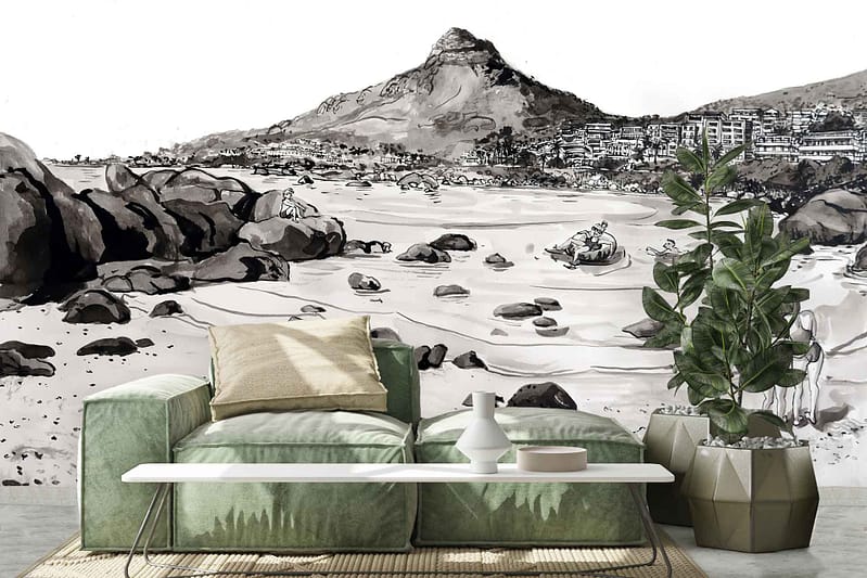The wallpaper showcases a black-and-white landscape image featuring a rocky beach, hills, and distant buildings. Key elements include rocks, hills, and structures in grayscale tones.