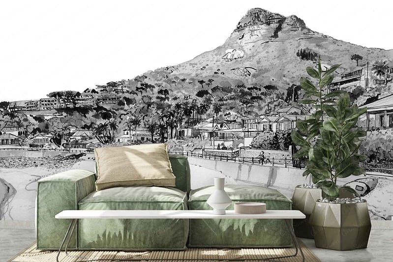 The wallpaper in the modern living room features a black-and-white mural depicting a hilly landscape with houses and trees. Key elements include rolling hills, quaint houses, and detailed tree patterns. The entire scene is rendered in monochromatic tones, emphasizing contrasts between light and dark to create depth and texture.