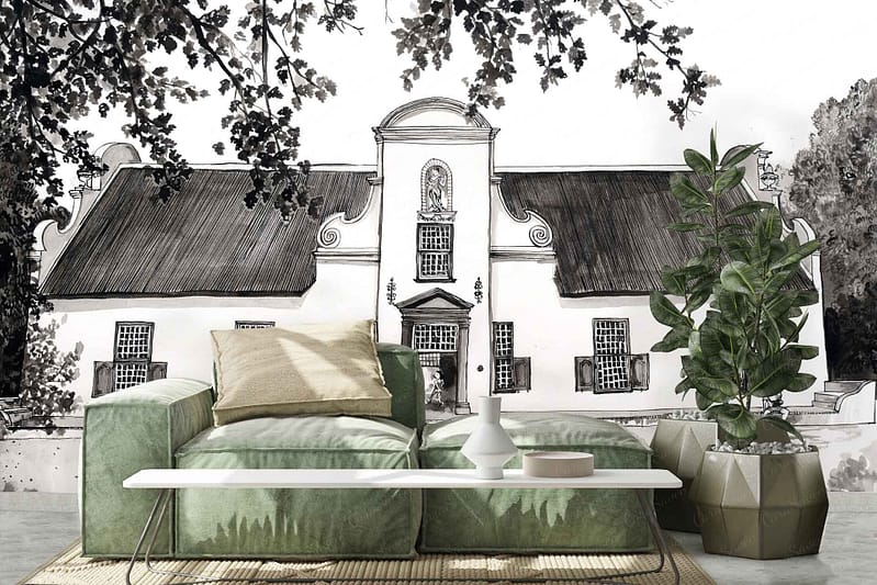 The wallpaper features a detailed black and white drawing of a traditional building with large trees. The scene depicts large, shading trees over the building, focusing on intricate lines and textures.