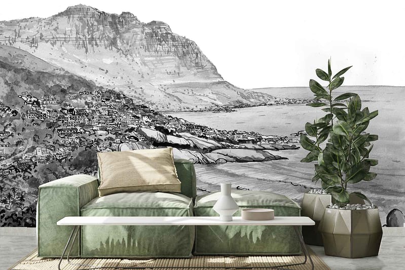 Grayscale mural, coastal landscape, mountains, town by the sea