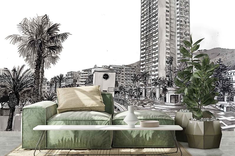 The living room features a striking wallpaper as its centerpiece. The mural, rendered in intricate black-and-white, captures a vibrant cityscape with tall buildings stretching skyward. Interspersed among the urban structures are silhouettes of elegant palm trees, giving the scene a touch of nature's grace. In the distant background, rugged mountains provide a contrasting yet harmonious element to the bustling city below. This meticulously detailed wallpaper acts as an artistic focal point, setting a sophisticated tone with its monochromatic elegance and diverse elements like architecture, flora, and majestic terrain.