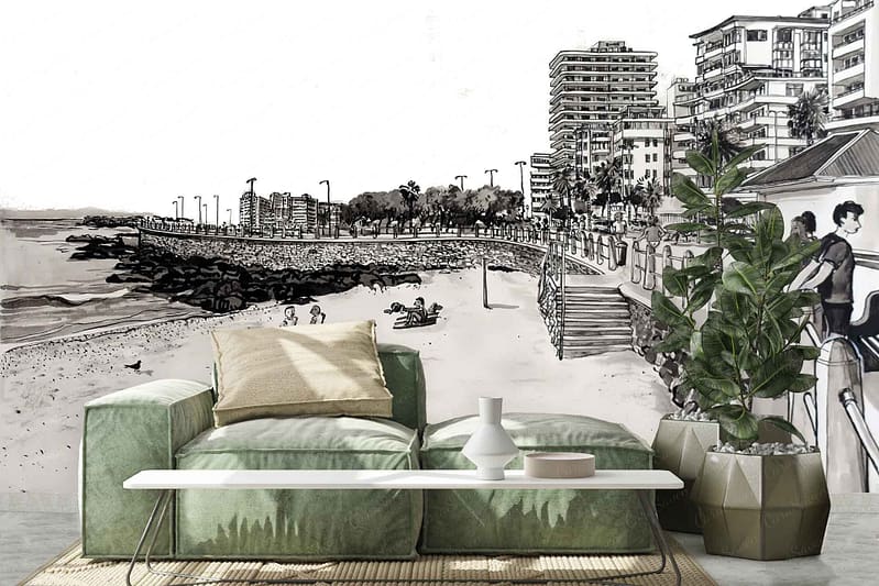 The wallpaper features a vibrant mural of a coastal cityscape. Key elements include high-rise buildings, a bustling promenade, and a lively beach with people enjoying the sun. Predominant colors are shades of blue for the sky and ocean, sandy beige for the beach, green rooftops and trees, gray for the buildings, and splashes of bright colors from beachgoers' outfits.