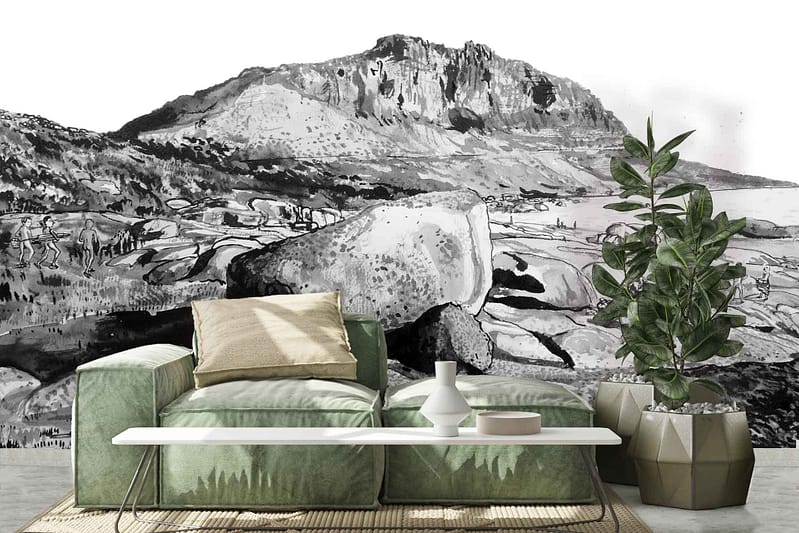 Large black and white mural of rocky mountains.