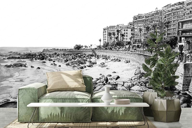 Large black-and-white mural, coastal cityscape, rocky shores, high-rise buildings, waterfront.