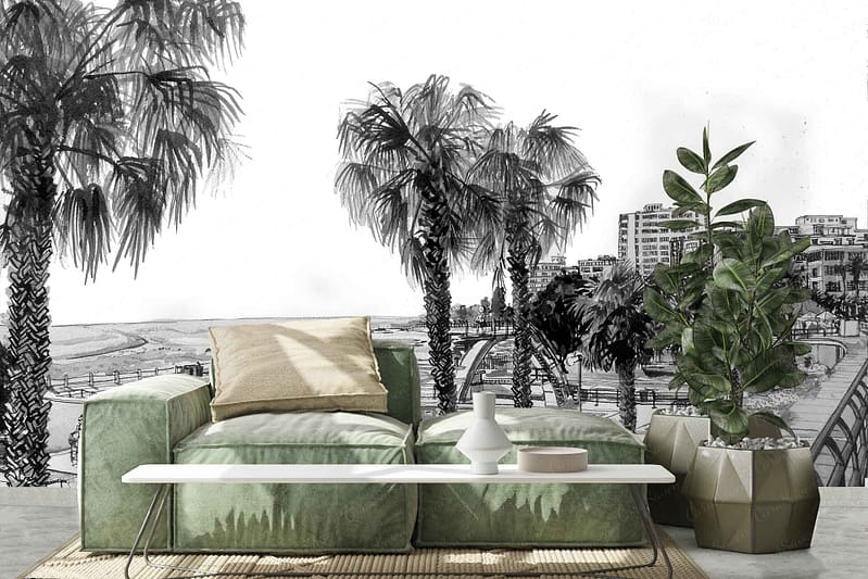 The wallpaper features a black-and-white mural depicting a coastal scene. Elements include palm trees and buildings, all rendered in grayscale shades.