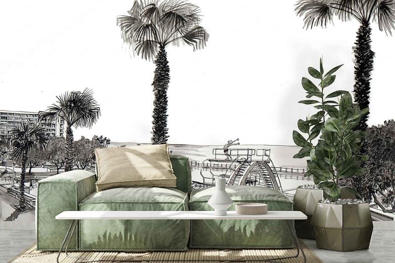 The wallpaper features a detailed black-and-white mural of a coastal scene, including palm trees and beach structures.