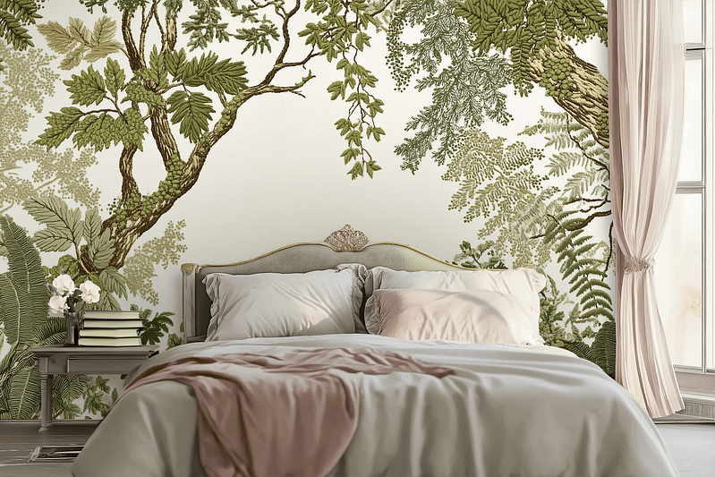 The wallpaper features a botanical mural depicting lush green foliage, reminiscent of an olive grove. The primary colors are shades of green, adding a serene and natural touch to the space.
