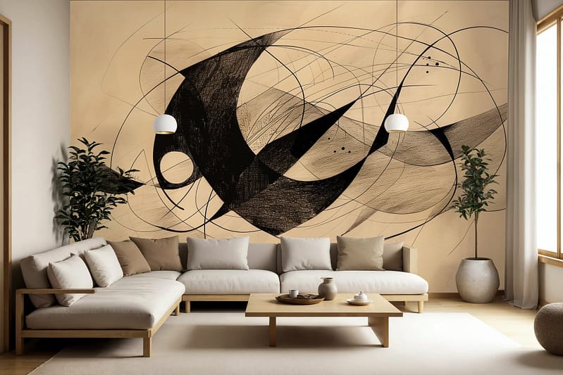 The walls of the modern living room are adorned with wallpaper featuring an intricate design reminiscent of North African artistry. The base color of the wallpaper is a muted beige, harmonizing with the large painting. Superimposed on this calm backdrop are black swirling lines and patterns that echo the artistic motifs seen in "North Africa (Copy)." The combination of these elements creates a cohesive and visually engaging environment, where geometric shapes and fluid curves interweave to bring a touch of cultural richness to the space.