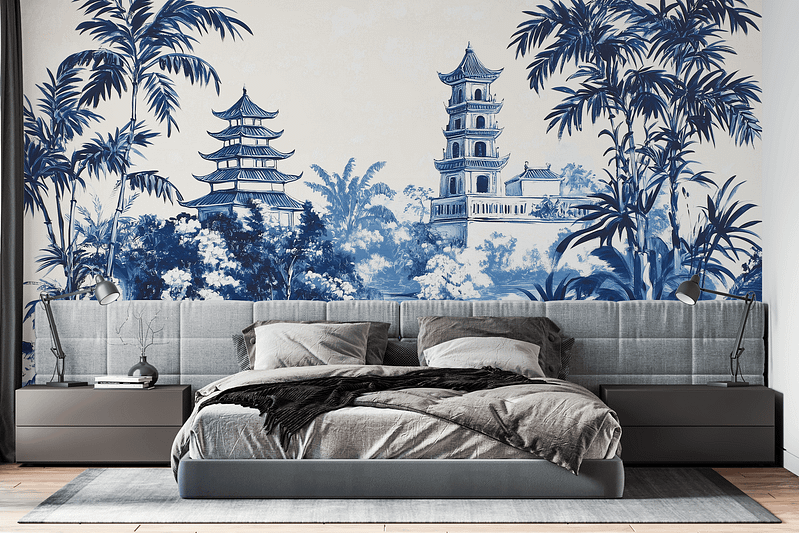 The wallpaper features a large mural depicting traditional Asian pagodas and palm trees in blue and white tones.
