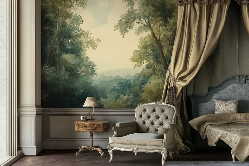 The wallpaper is a scenic mural showcasing open spaces with a serene forest view. It features lush green trees, soft blue skies, and gentle sunlight filtering through the branches, creating a calming natural ambiance.