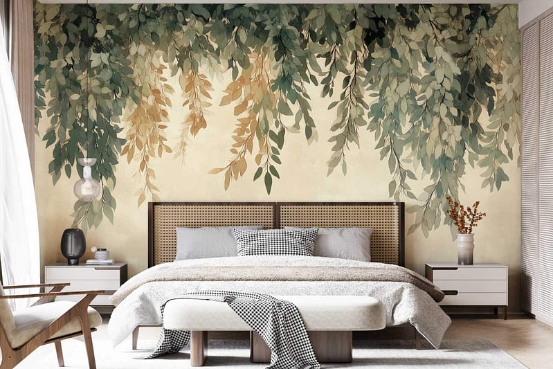 The wallpaper features a striking mural of cascading green and brown leaves, adding a natural and serene touch. The colors include shades of green and brown, creating an earthy ambiance that elevates the room's overall aesthetic.