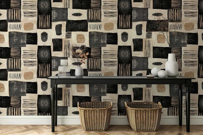 Wallpaper features bold geometric pattern with black, beige, and white shapes.