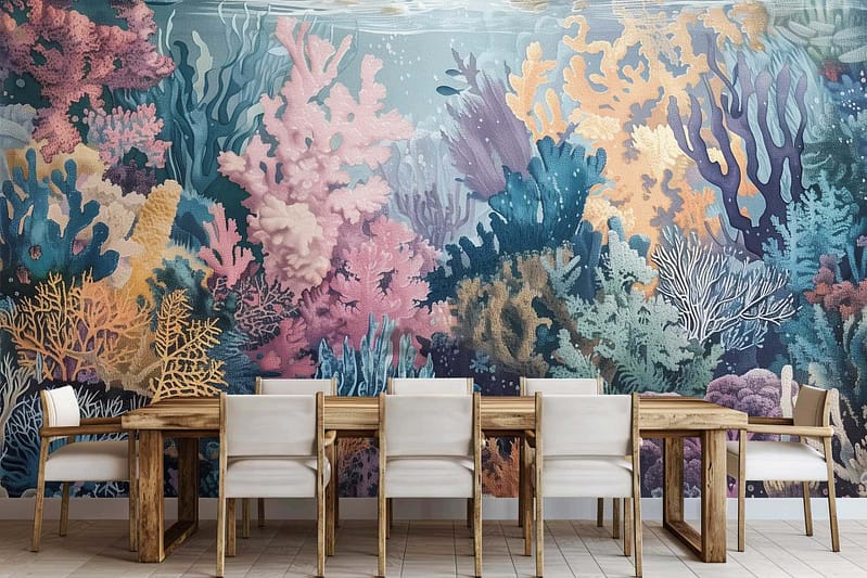 The wallpaper is an underwater-themed mural featuring vibrant coral reefs with colors such as pink, blue, yellow, and green.