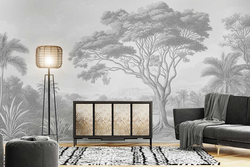 Detailed grayscale nature mural of a serene lake with intricate elements such as trees, water reflections, and gentle waves. Colors include various shades of gray, from light silver to deep charcoal.