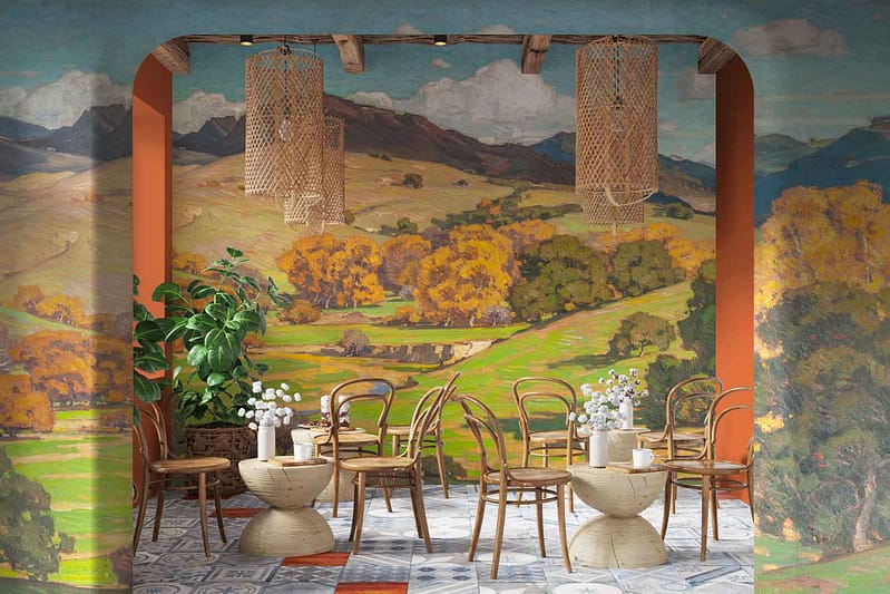 Vibrant mural: pastoral landscape, rolling hills, autumn trees, cloudy horizons.