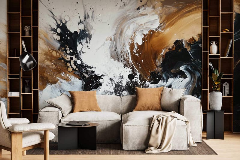 Large abstract mural with swirling black, white, and brown paint splashes. Bold centerpiece.