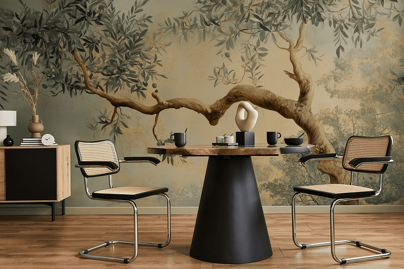 The wallpaper features an intricate tree branch design, showcasing delicate lines and detailed textures. The color palette includes serene shades of greens and subtle browns, creating an artistic and tranquil backdrop.