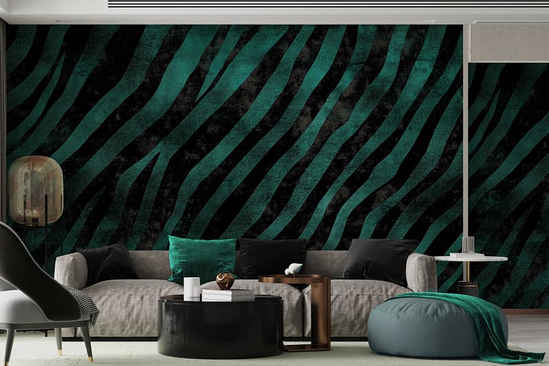 Zebra-striped accent wall in shades of black and green.