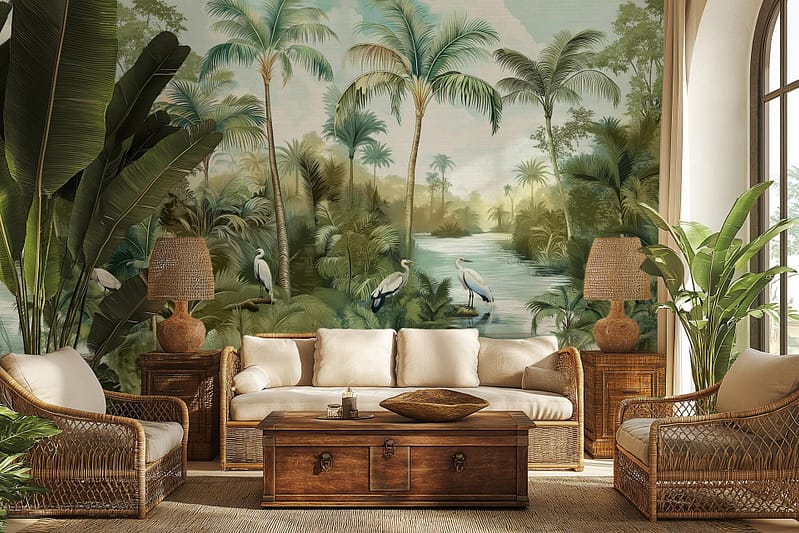 Tropical-themed wallpaper featuring palm trees, exotic birds, a winding river, and lush jungle foliage. Vivid greens dominate with splashes of vibrant colors from birds and flowers. The mural tells an enchanting jungle tale with detailed natural elements creating a lively and verdant backdrop.