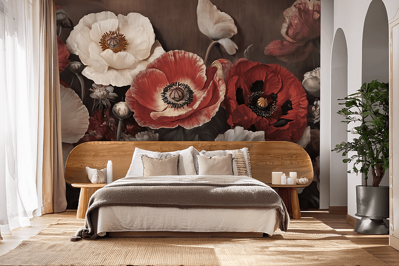 Large floral mural, red poppies, white poppies, Coral Moon backdrop.