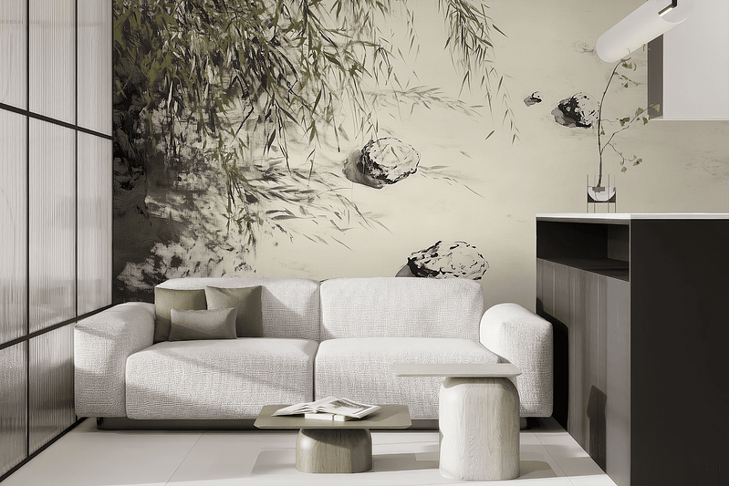 Black and white abstract wall design featuring artistic brush strokes. The wallpaper includes bold black lines and soft white spaces, creating a dynamic, modern aesthetic.