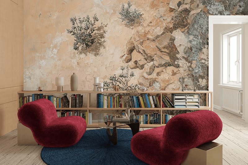 Large mural wallpaper featuring earthy tones and abstract floral patterns. Elements include various shades of brown, beige, and green, with flower motifs in swirling, organic shapes. The design evokes a sense of nature and warmth with its soothing color palette and intricate details.