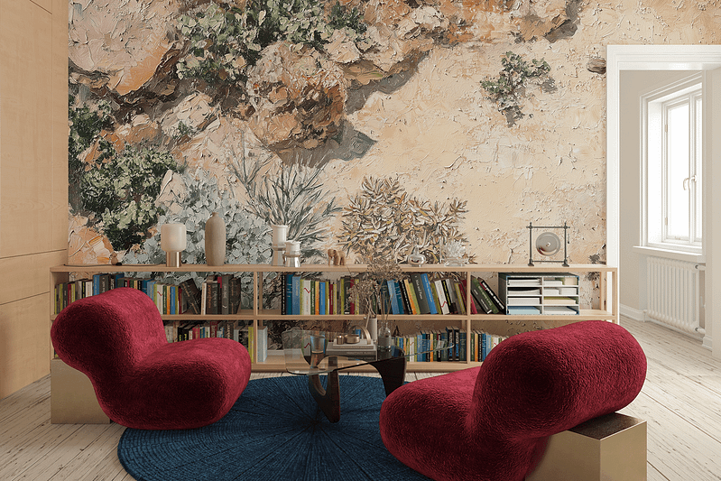 The wallpaper in the reading nook features a detailed botanical mural. It showcases intricate flora with lush green leaves, delicate branches, and vibrant blooms in hues of pink, lavender, and white. The background is a soft cream color that highlights the vibrant botanical illustrations.