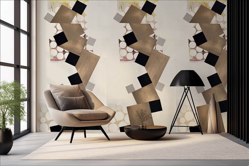 To create a modern living room with a focus on the **wallpaper**, look for designs that feature **abstract geometric patterns** in shades of **black, beige, and gold**. This combination adds both visual interest and sophistication to your space. The use of these specific colors - **black**, **beige**, and **gold** - ensures the wallpaper will coordinate seamlessly with elements like the beige armchair, brown cushions, and other furnishings while complementing the room's natural light.