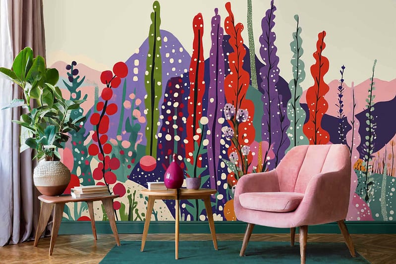 A vibrant living room features a colorful, abstract plant mural with shades of red, purple, green, and white.