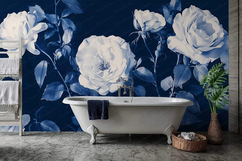 The wallpaper boasts a striking dark blue background adorned with large, detailed white rose murals.