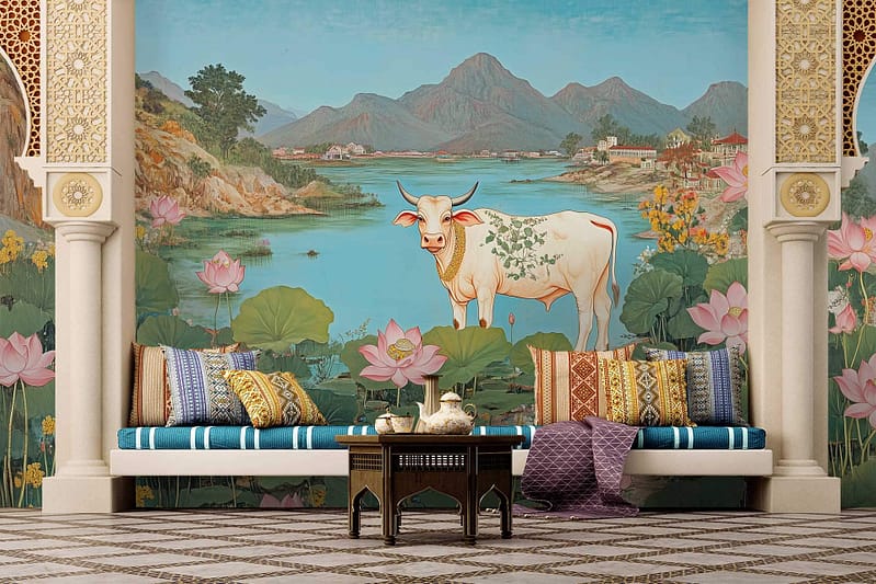 The wallpaper features a mural of a cow standing in front of a serene lake with surrounding mountains. The scene includes soft blues for the lake, rich greens for the trees and grass, and muted grays for the mountains. The cow is depicted in natural browns and whites. The overall aesthetic is calm and picturesque, intended to evoke tranquility and nature's beauty.
